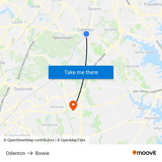 Odenton to Bowie map