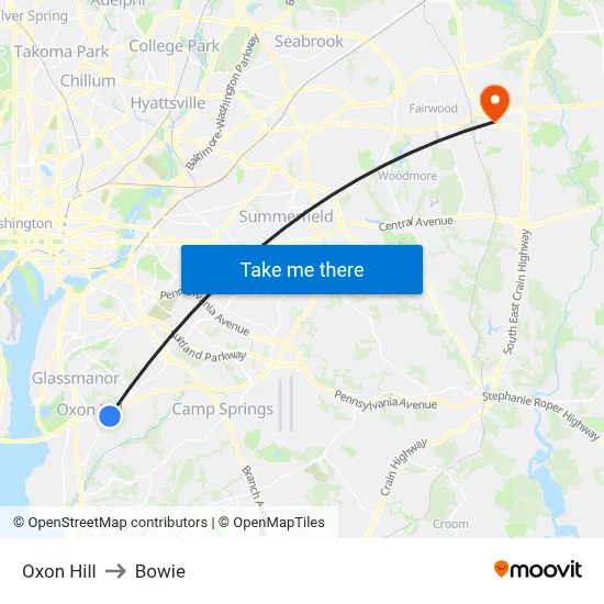 Oxon Hill to Bowie map