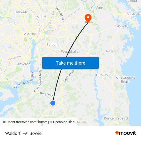 Waldorf to Bowie map