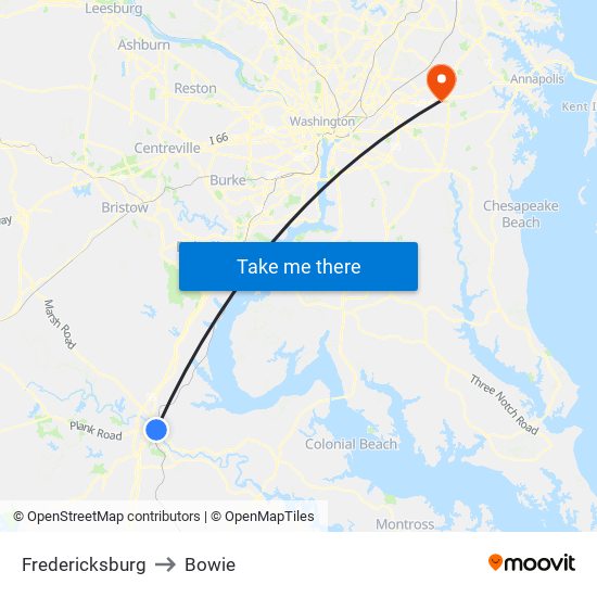 Fredericksburg to Bowie map