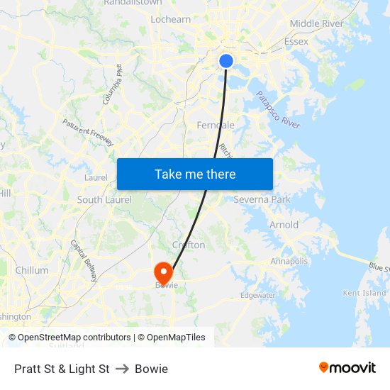 Pratt St & Light St to Bowie map