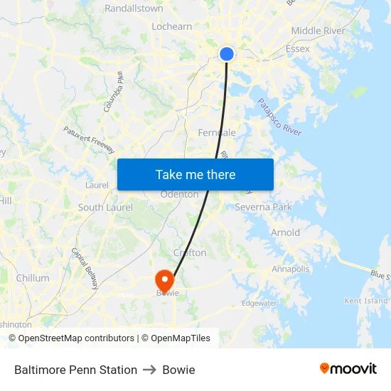 Baltimore Penn Station to Bowie map