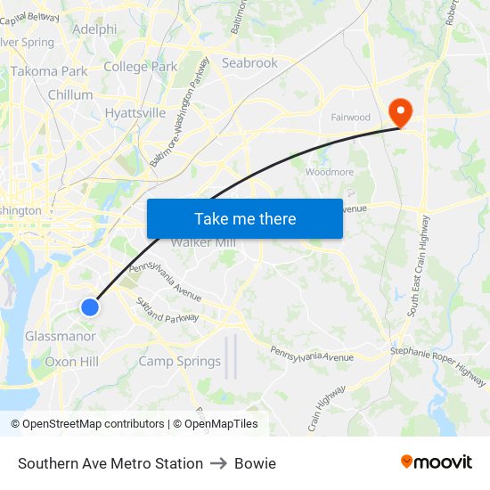 Southern Ave Metro Station to Bowie map