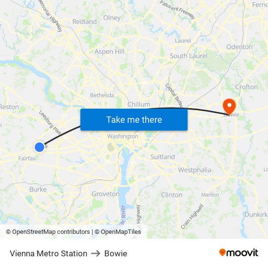 Vienna Metro Station to Bowie map