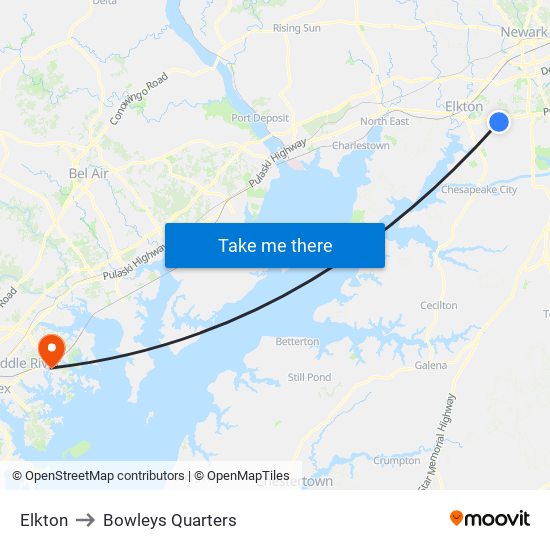 Elkton to Bowleys Quarters map