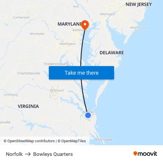 Norfolk to Bowleys Quarters map