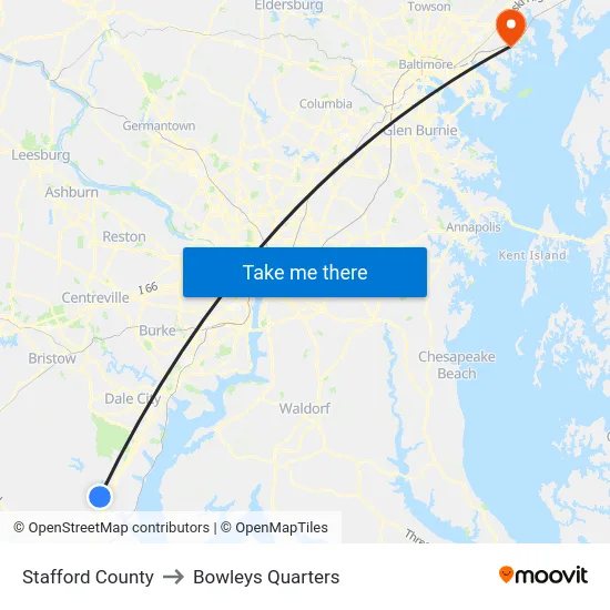 Stafford County to Bowleys Quarters map