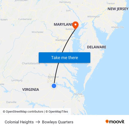 Colonial Heights to Bowleys Quarters map