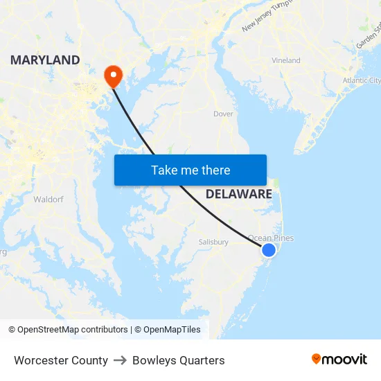 Worcester County to Bowleys Quarters map
