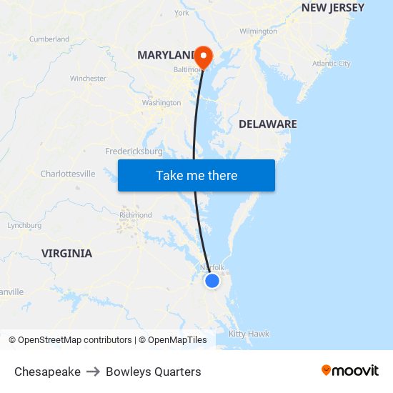 Chesapeake to Bowleys Quarters map