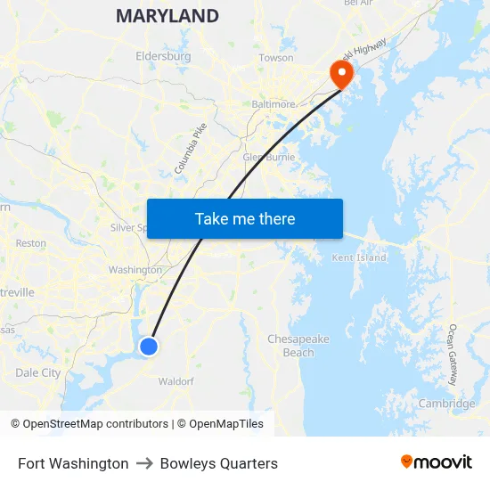 Fort Washington to Bowleys Quarters map