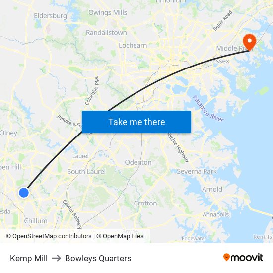 Kemp Mill to Bowleys Quarters map