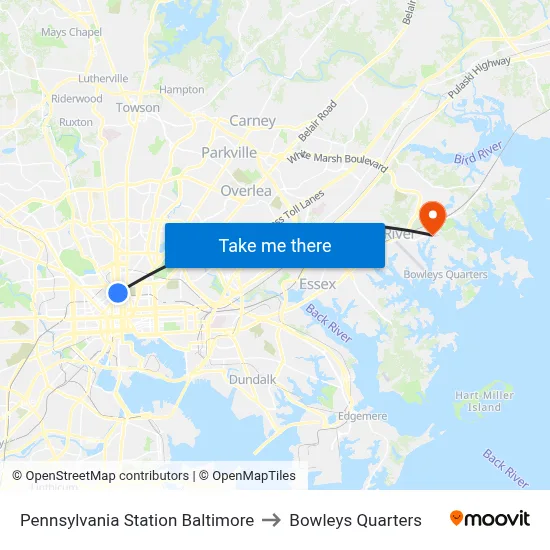 Pennsylvania Station Baltimore to Bowleys Quarters map