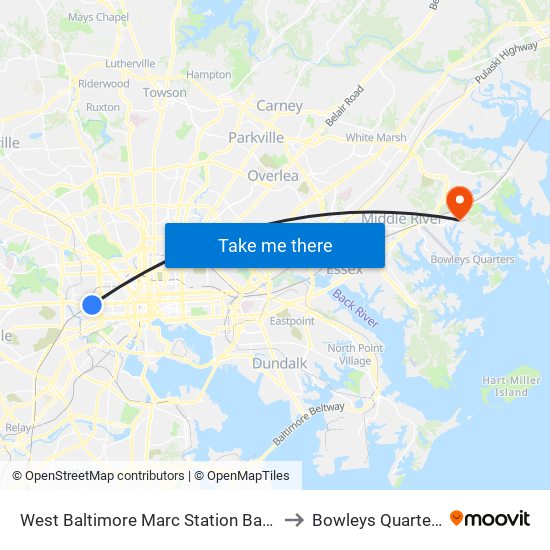 West Baltimore Marc Station Bay 1 to Bowleys Quarters map