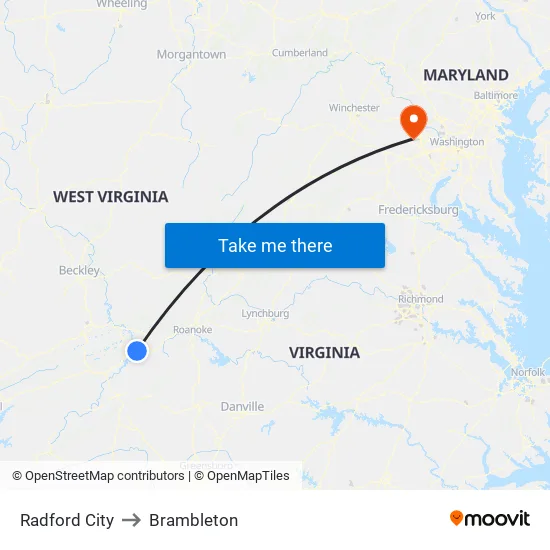 Radford City to Brambleton map