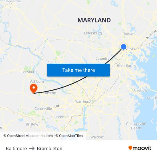 Baltimore to Brambleton map
