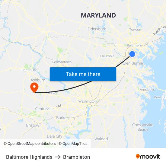 Baltimore Highlands to Brambleton map