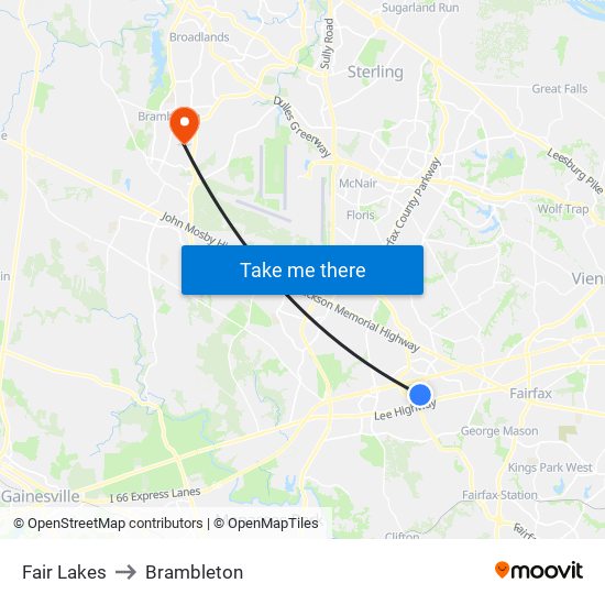 Fair Lakes to Brambleton map