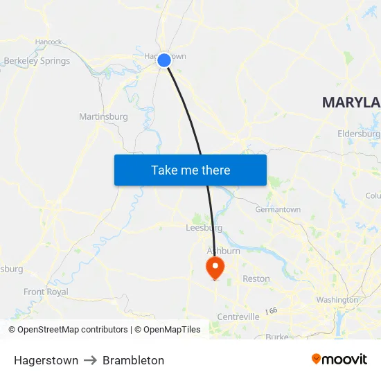 Hagerstown to Brambleton map