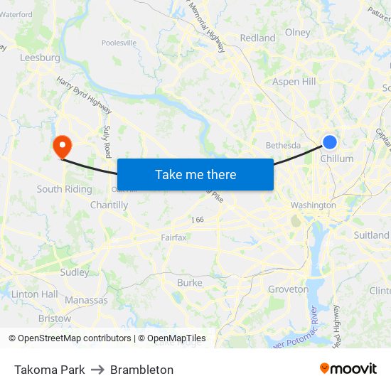 Takoma Park to Brambleton map