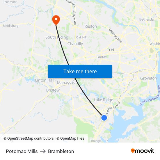 Potomac Mills to Brambleton map