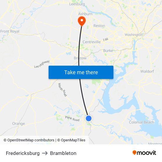 Fredericksburg to Brambleton map