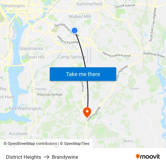 District Heights to Brandywine map