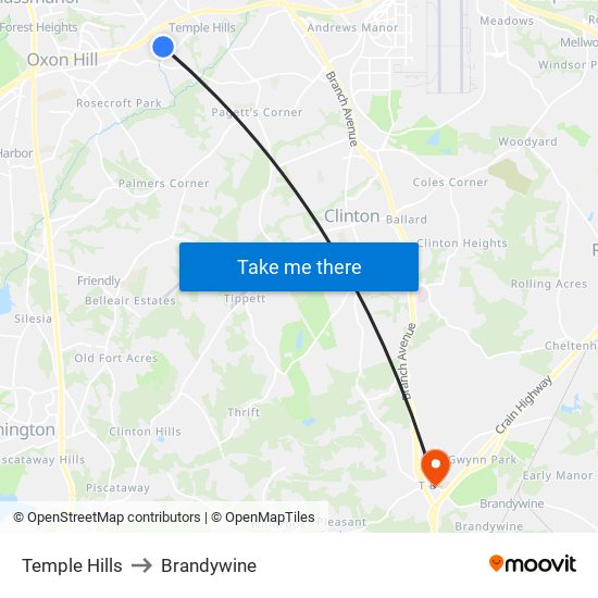 Temple Hills to Brandywine map