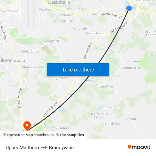 Upper Marlboro to Brandywine map