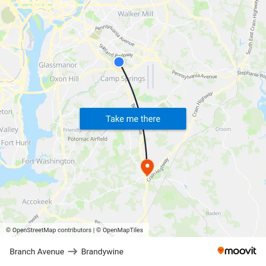 Branch Avenue to Brandywine map