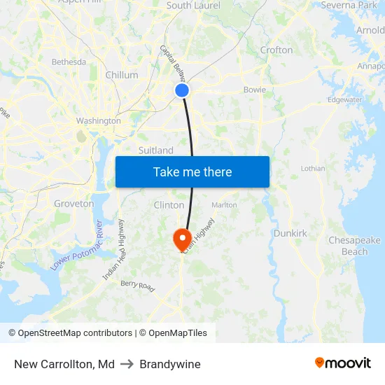 New Carrollton, Md to Brandywine map