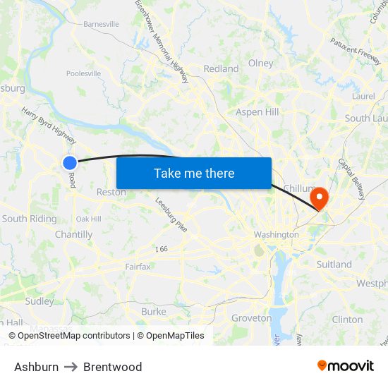 Ashburn to Brentwood map