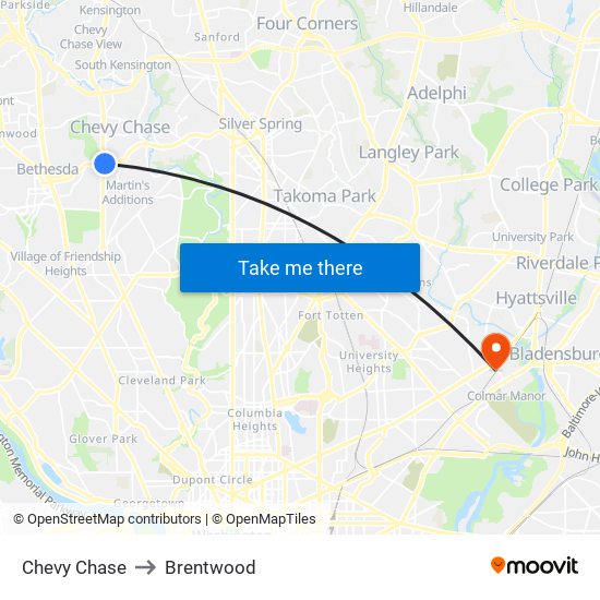 Chevy Chase to Brentwood map