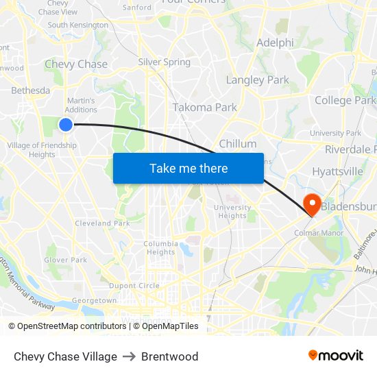 Chevy Chase Village to Brentwood map