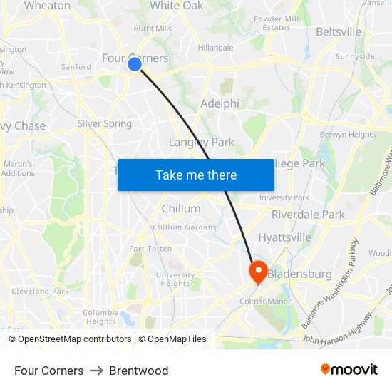 Four Corners to Brentwood map