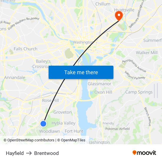 Hayfield to Brentwood map