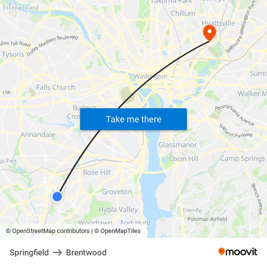 Springfield to Brentwood map