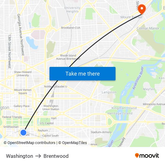 Washington to Brentwood map