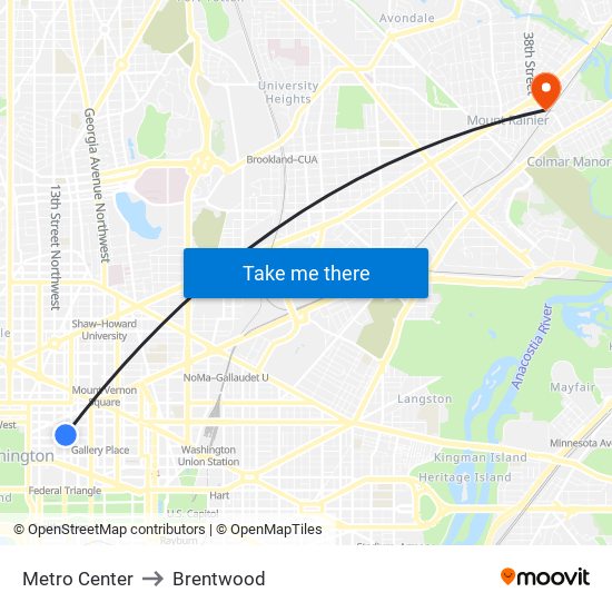 Metro Center to Brentwood map