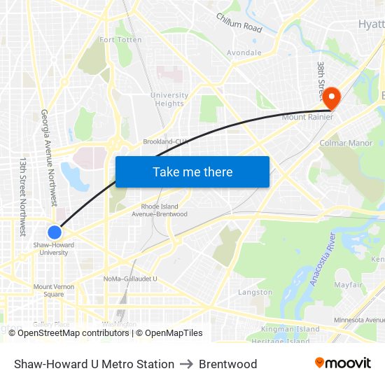 Shaw-Howard U Metro Station to Brentwood map