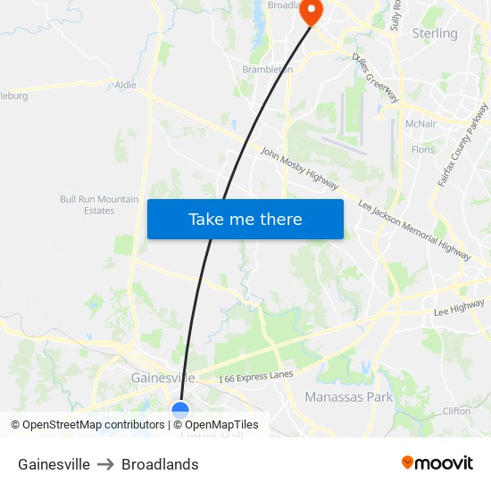 Gainesville to Broadlands map