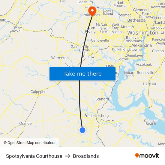 Spotsylvania Courthouse to Broadlands map