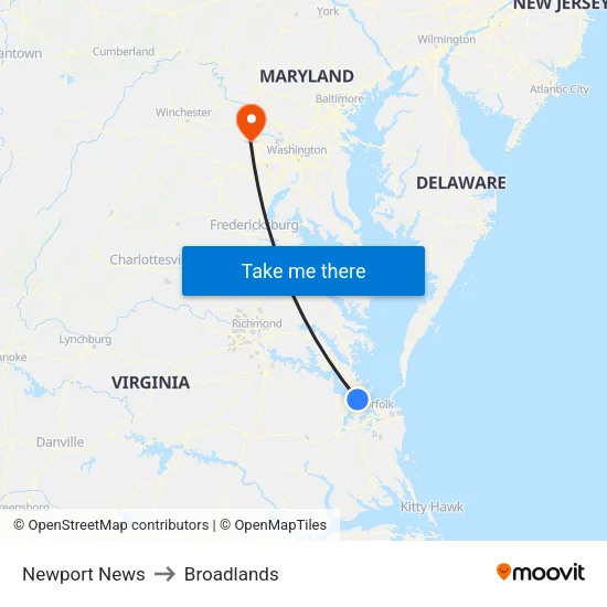 Newport News to Broadlands map