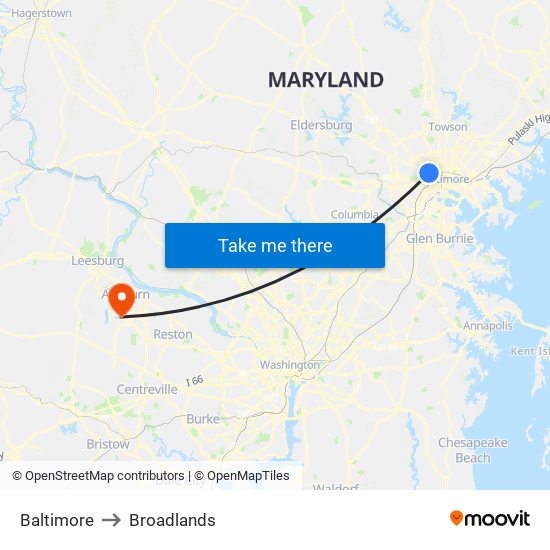 Baltimore to Broadlands map