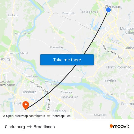 Clarksburg to Broadlands map