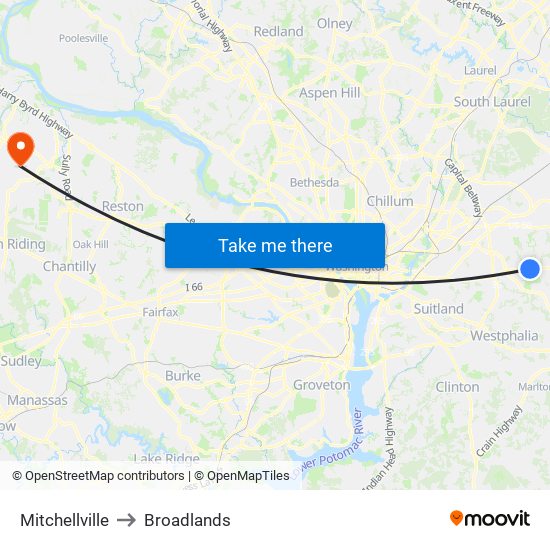 Mitchellville to Broadlands map