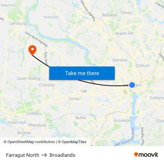 Farragut North to Broadlands map