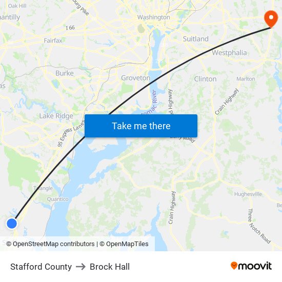 Stafford County to Brock Hall map