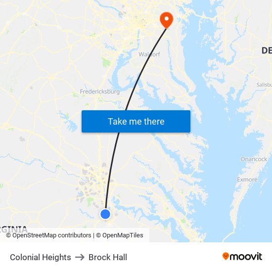 Colonial Heights to Brock Hall map