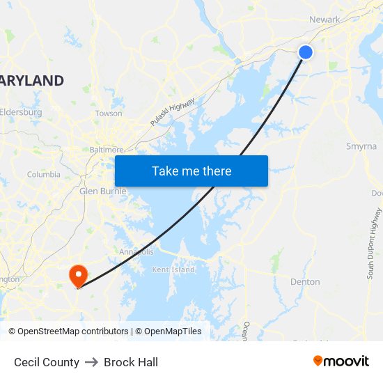 Cecil County to Brock Hall map